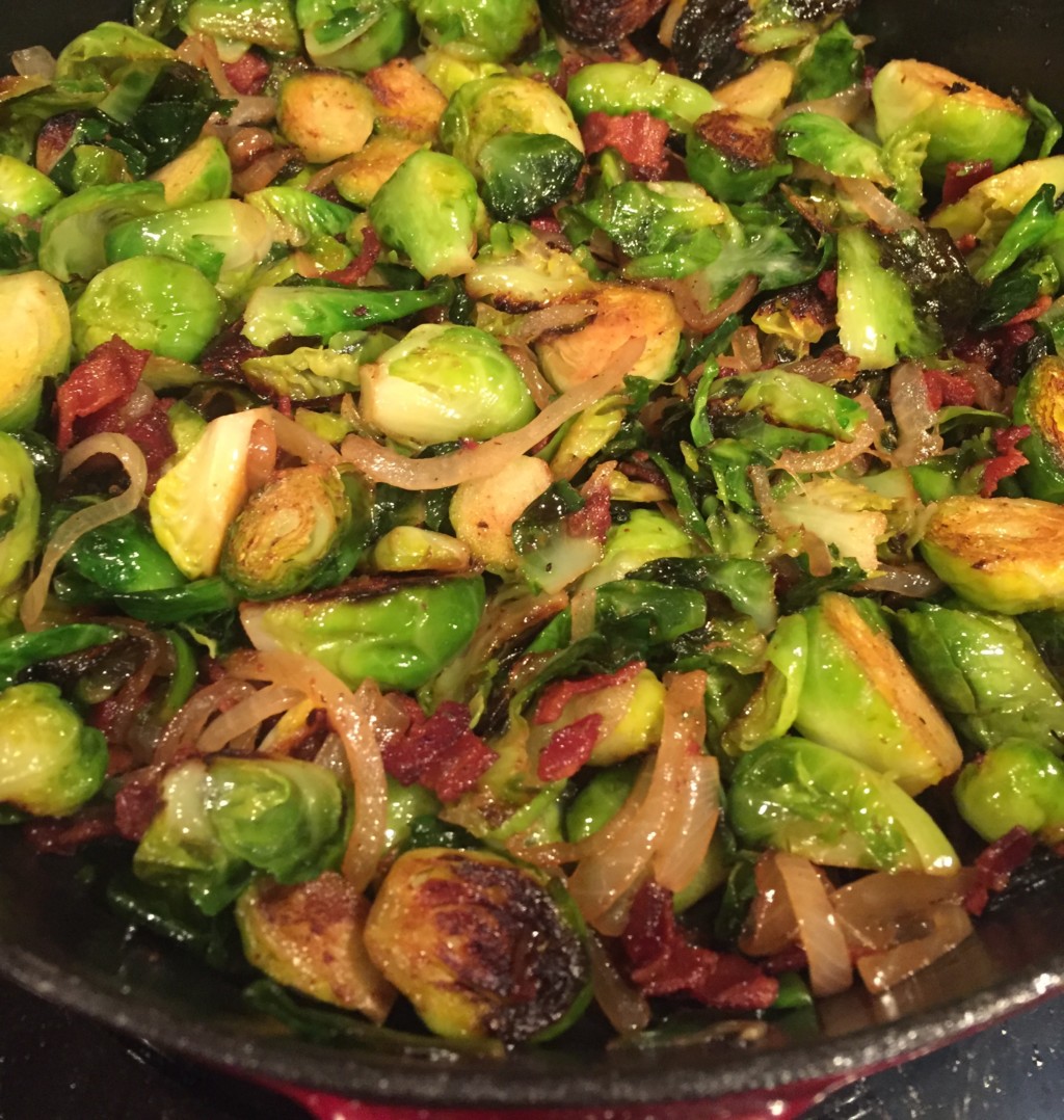 family dinner steak and onions brussels sprouts