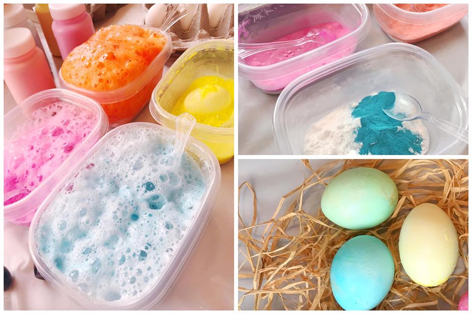 Three image collage with main image showing 4 containers of baking soda, dye and vinegar reacting and bubbling. Second picture shows baking soda in containers and beginning to mix in tempera paint. Third picture shoes finished volcano dyed eggs.