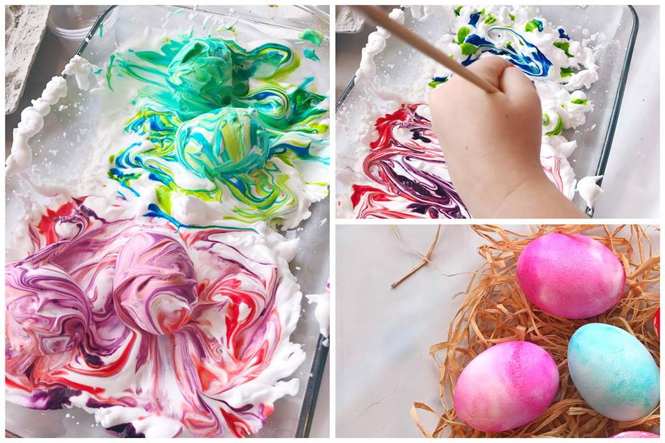 Image is a collage of three pictures. Main picture is a tray of shaving cream with eggs swirled in food dye. Second picture is a child's hand holding a stick and swirling the food dye in shaving cream. Third picture is three eggs dyed in the shaving cream, 2 pink and 1 blue green.