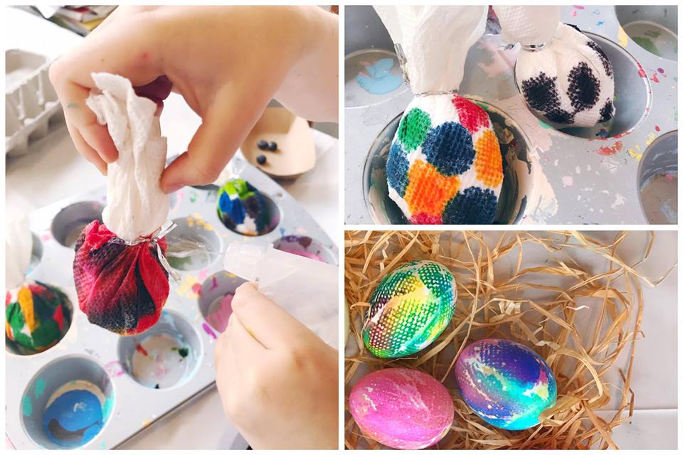 Three image collage with main image showing an egg wrapped in a paper towel with dye being sprayed with water. Second image is two eggs wrapped in paper towels with dots of food dye. Third image shows 3 completed tie dye eggs.