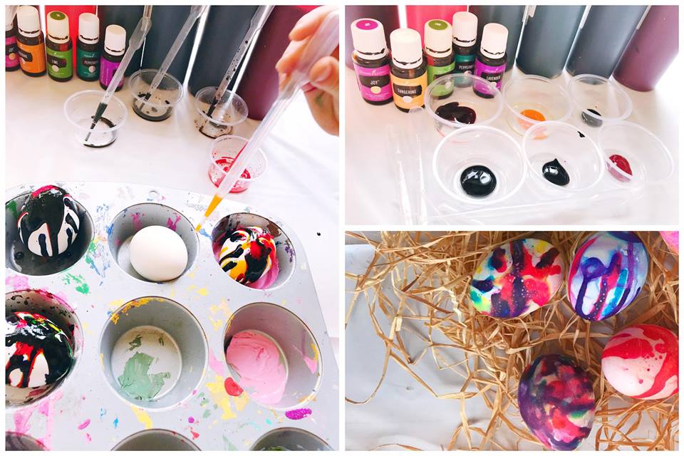Three photo collage. First photo showing eggs in cupcake tin with dropper applying food dye and oil mixture. Second picture shows gel dye in little containers with row of essential oils. Third picture shows completed drop dyed eggs.