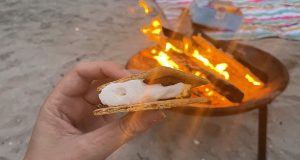 A smore with a bonfire in the background