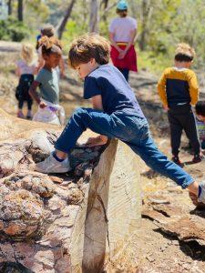 kids climbing over rock at camp