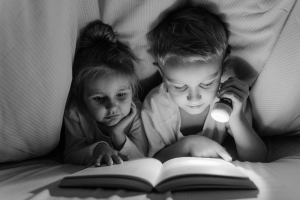 Kids reading under blanket by flashlight