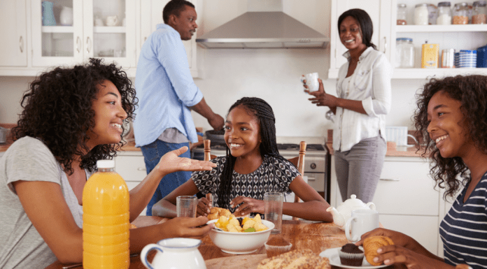 teenagers over breakfast with parents